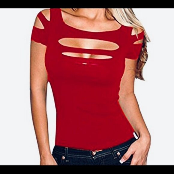 Sexy red bodycon cut out slashed top Sz XL NWT - Picture 9 of 9